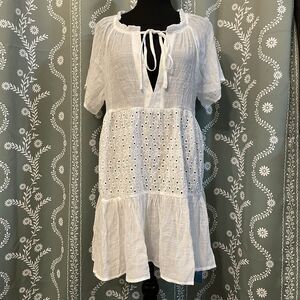 NEW CUPSHE Floral Eyelet Tie Neck Babydoll Dress‎ White Bathing Suit Cover Small